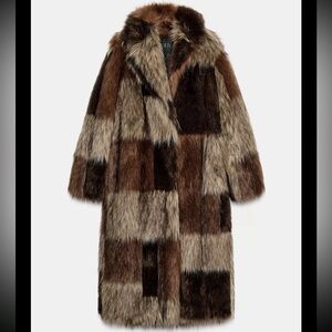 ZARA Patchwork Faux Fur Long Coat Brown Beige Statement Jacket -NWT